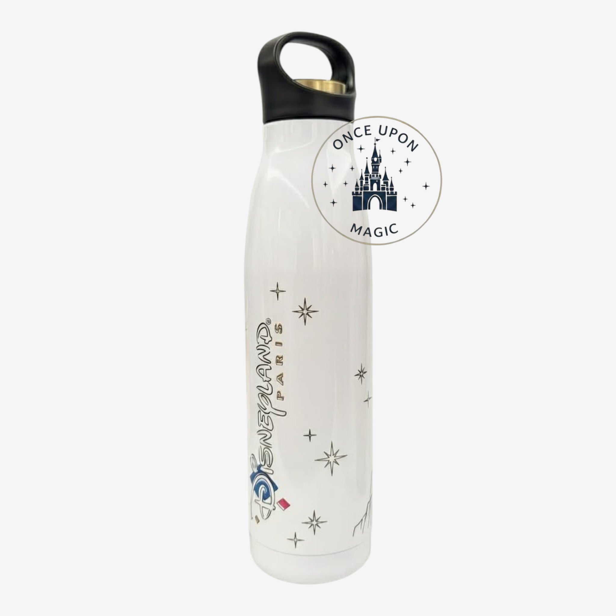 Once Upon Magic white 530ml insulated water bottle with Disneyland Paris castle graphic and stars. Features black handle lid.
