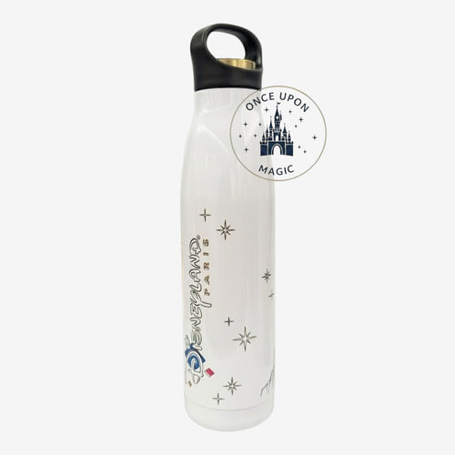 Once Upon Magic white 530ml insulated water bottle with Disneyland Paris castle graphic and stars. Features black handle lid.