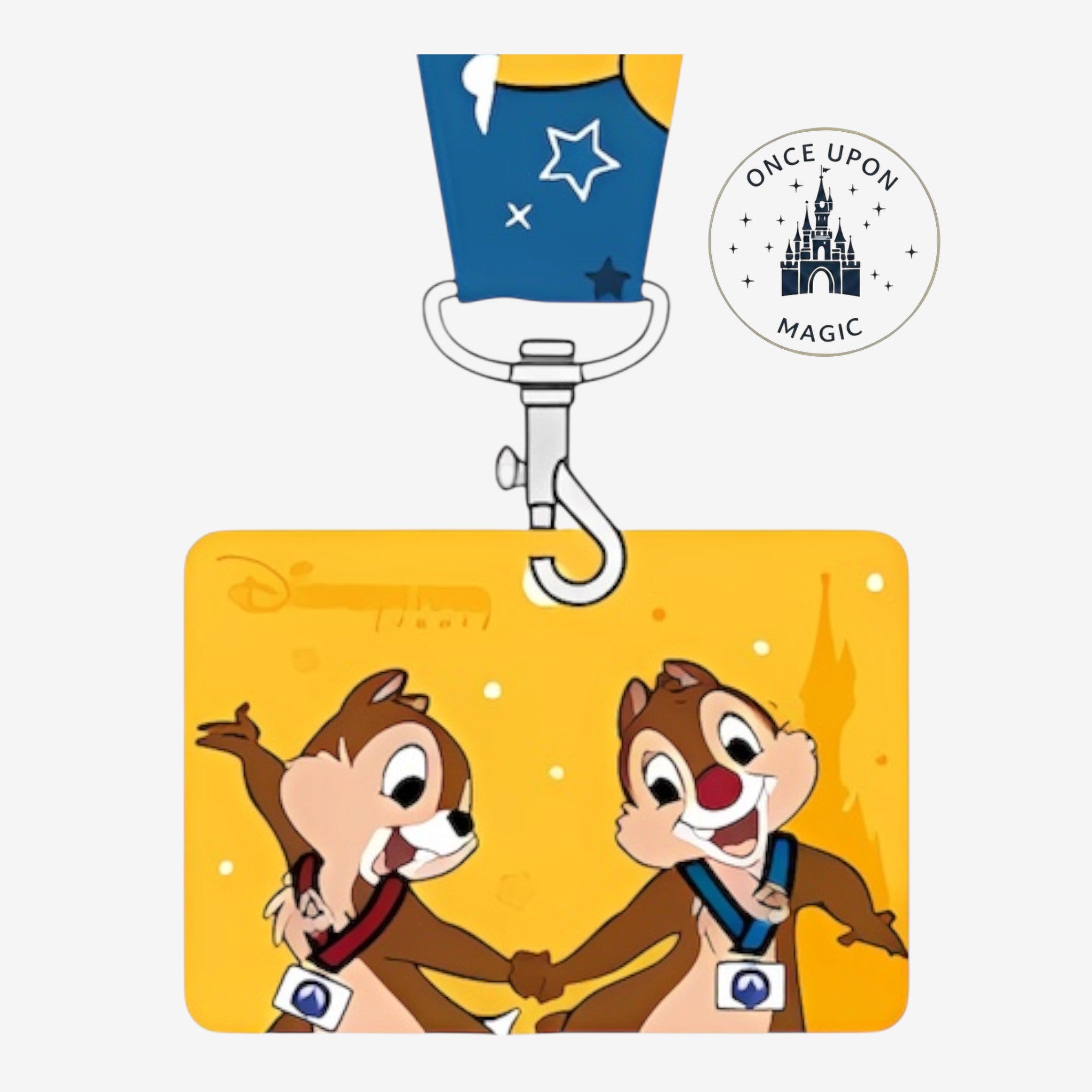Once Upon Magic Disneyland Paris lanyard with Chip 'n' Dale characters and a yellow background with Disney logo.