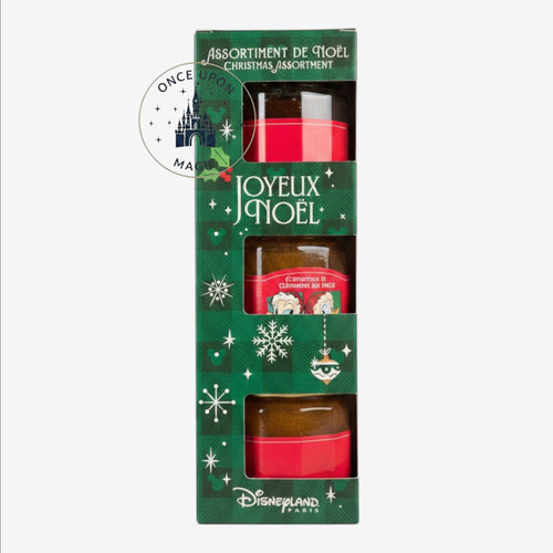 Once Upon Magic Disneyland Paris Christmas jam gift set featuring three jars in a festive green Joyeux Noel box