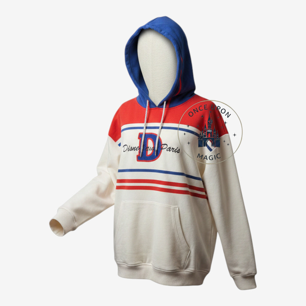 Once Upon Magic Disneyland Paris Donald Duck hoodie in cream, red, and blue with a front kangaroo pocket.