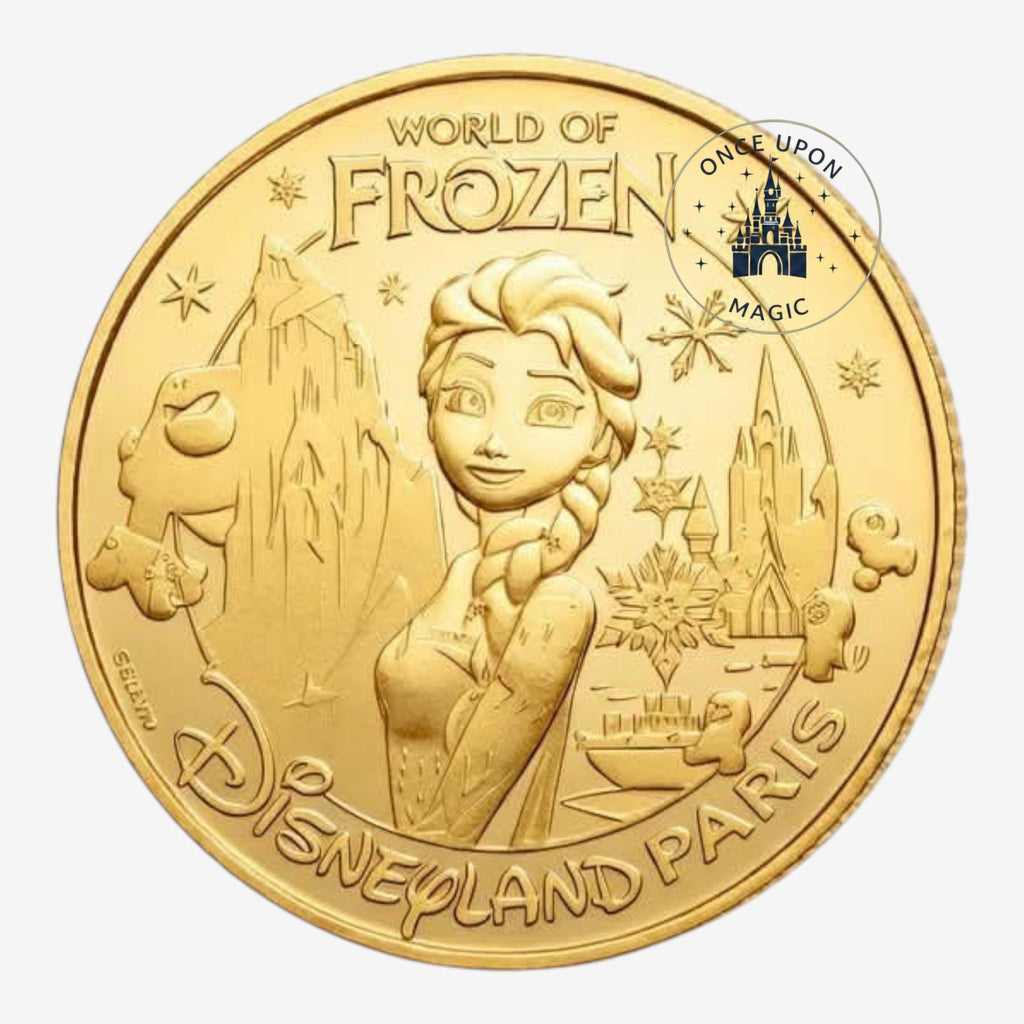 Gold coin featuring Elsa from Frozen, Disneyland Paris World of Frozen, 2026. Monnaie de Paris.