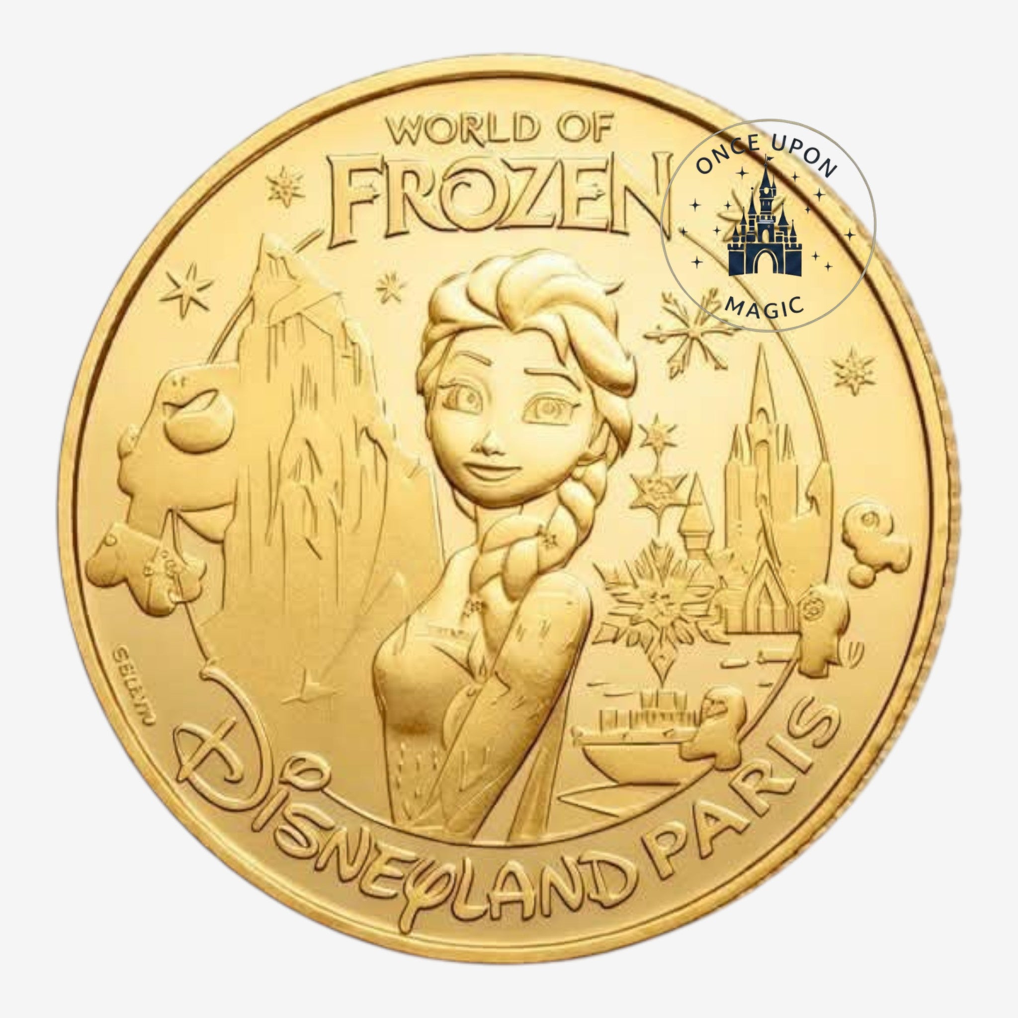 Gold coin featuring Elsa from Frozen, Disneyland Paris World of Frozen, 2026. Monnaie de Paris.