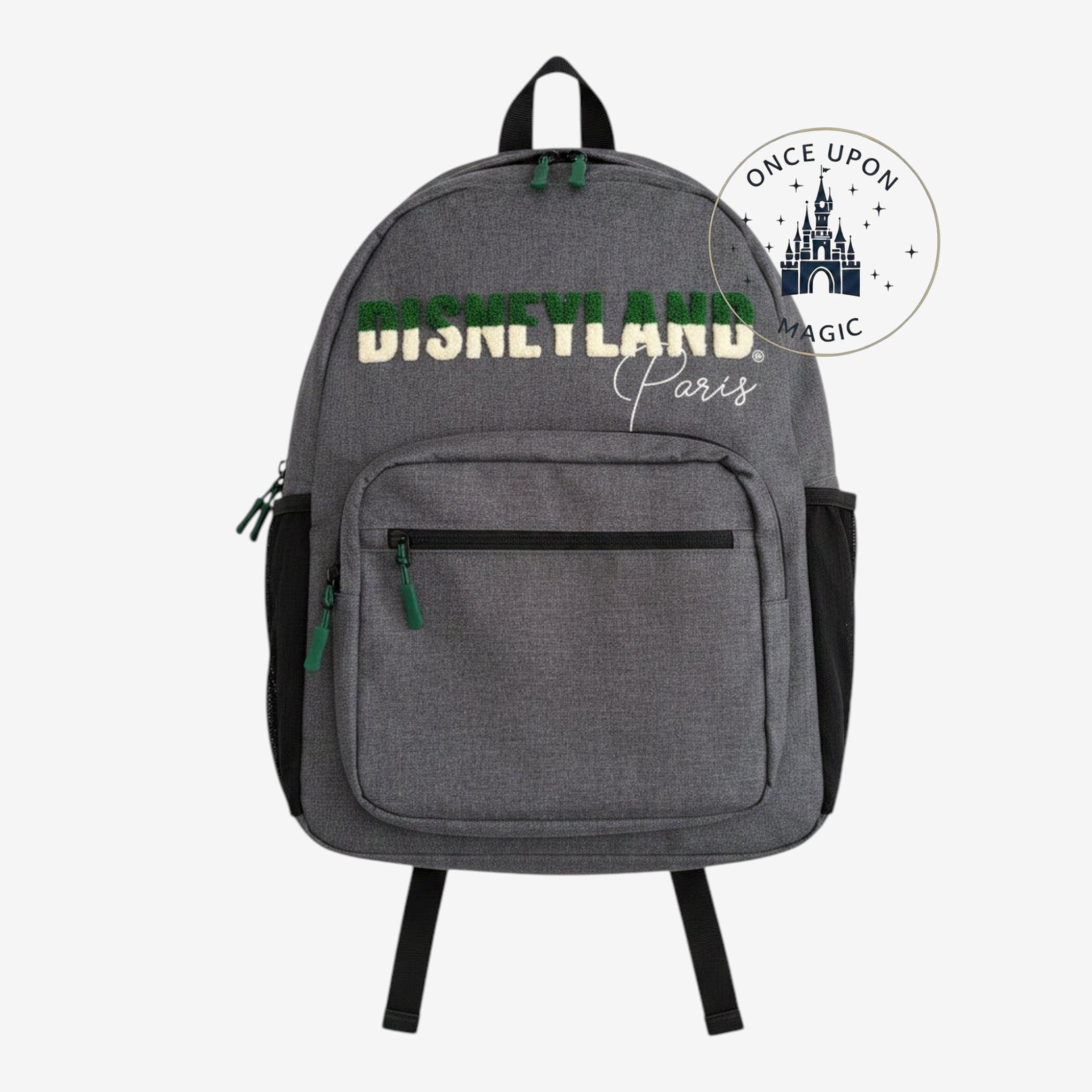 Once Upon Magic grey Disneyland Paris backpack with green and cream embroidered logo and side mesh pockets