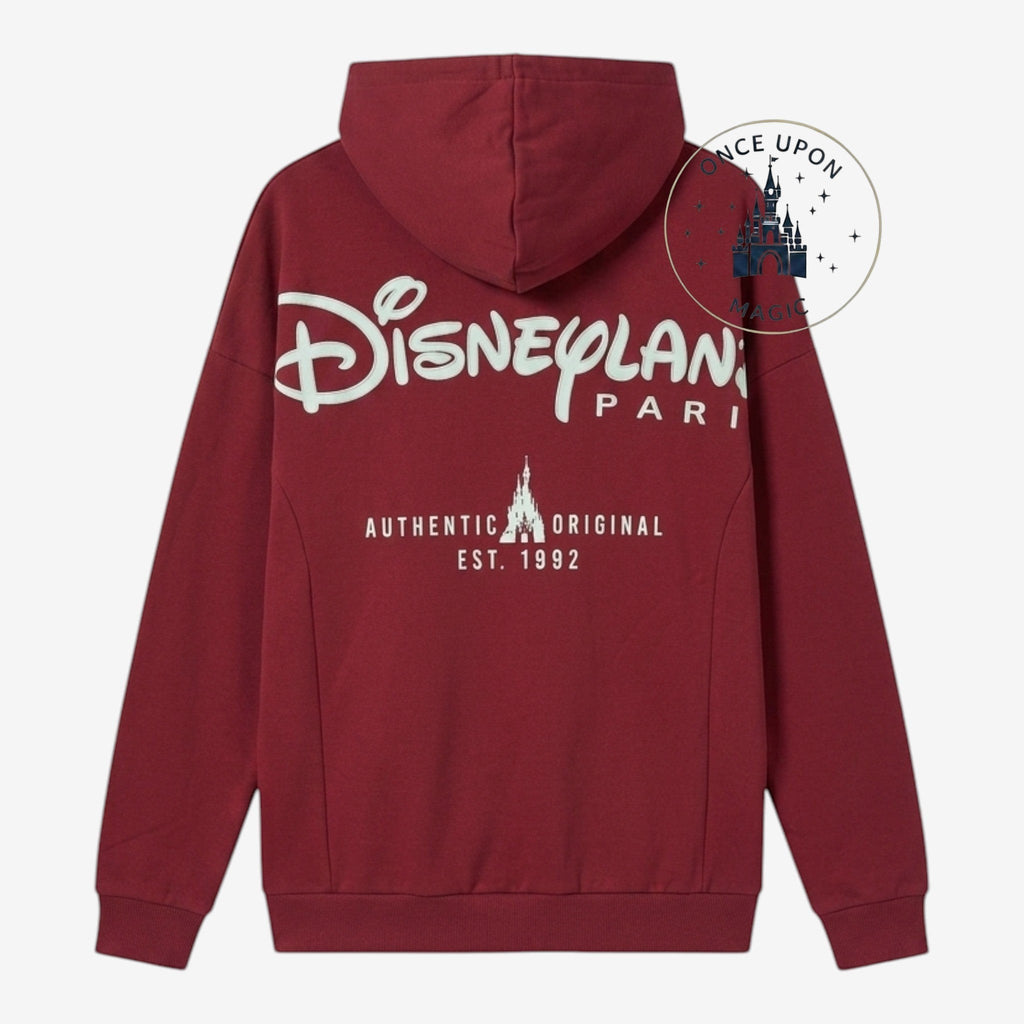 Once Upon Magic Bordeaux Disneyland Paris hoodie with "Disneyland Paris Authentic Original Est. 1992" graphic on back.