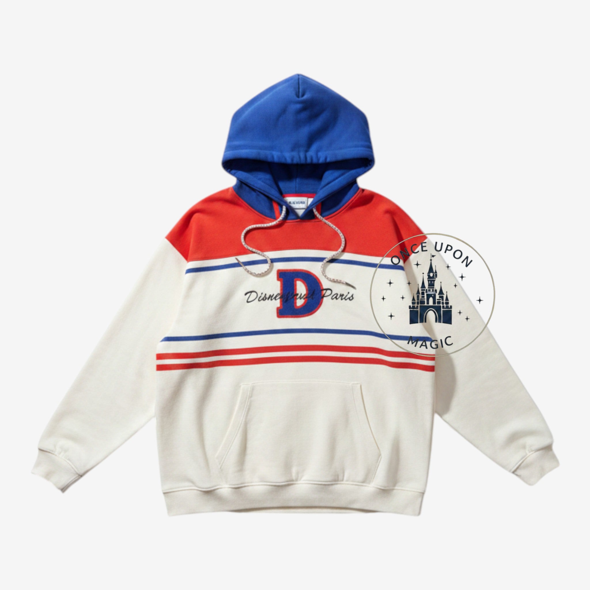 Once Upon Magic Disneyland Paris hooded sweatshirt in cream, red, and blue with a vintage-style logo and front pocket.