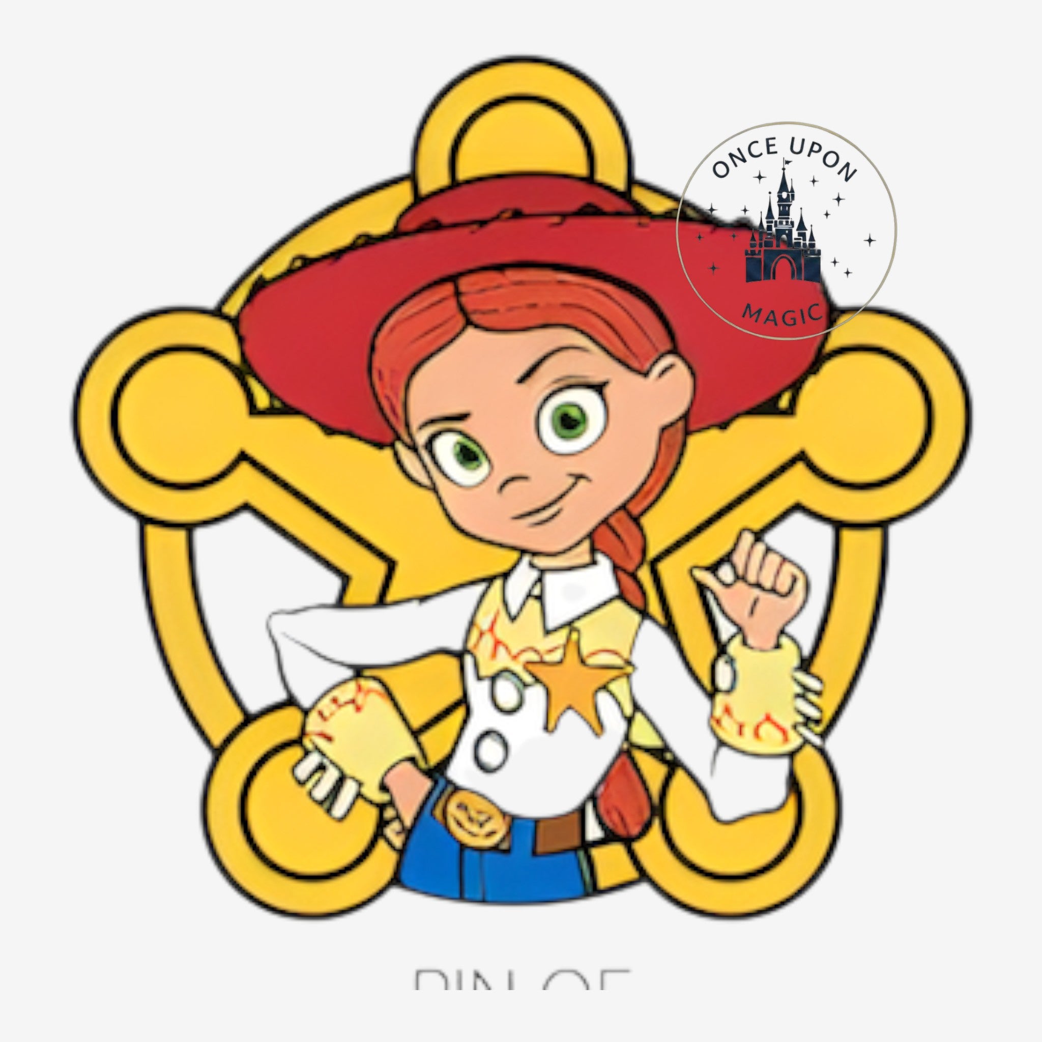 Once Upon Magic Disneyland Paris Open Edition Jessie pin from Toy Story, featuring the character in her cowgirl outfit with a sheriff star.