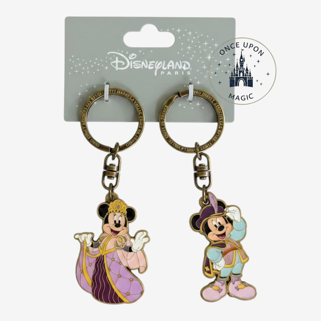 Once Upon Magic Disneyland Paris metal keychain set featuring Minnie and Mickey Mouse in royal court attire