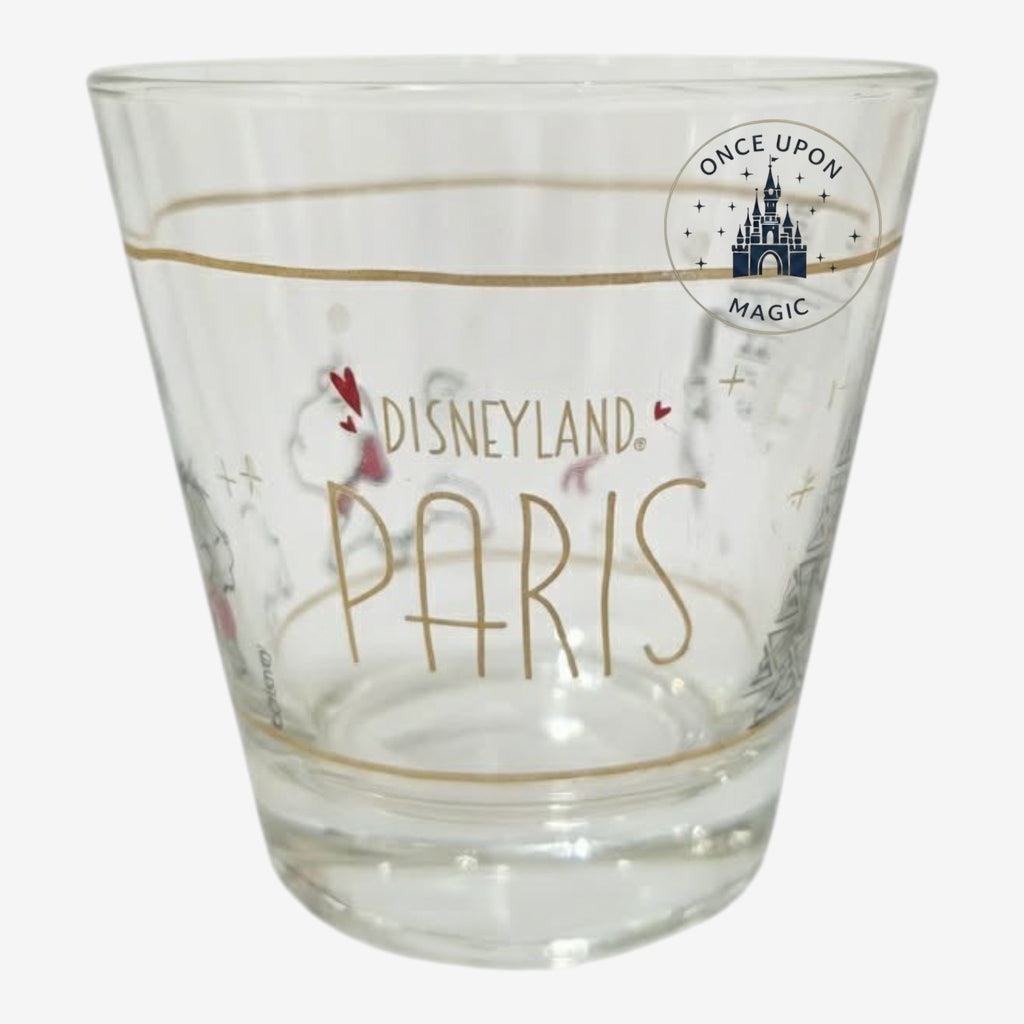 Once Upon Magic Disneyland Paris Marie drinking glass with gold-tone Eiffel Tower and kitten illustration.