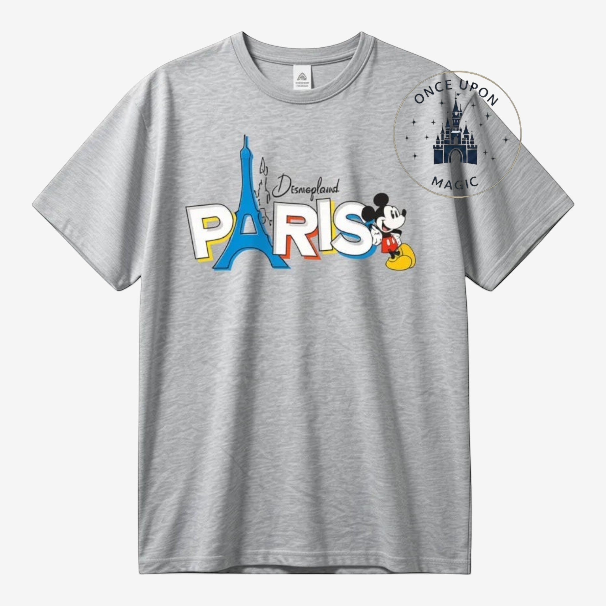 Once Upon Magic grey cotton t-shirt with Disneyland Paris Eiffel Tower and Mickey Mouse graphic. Short sleeves, crew neck.
