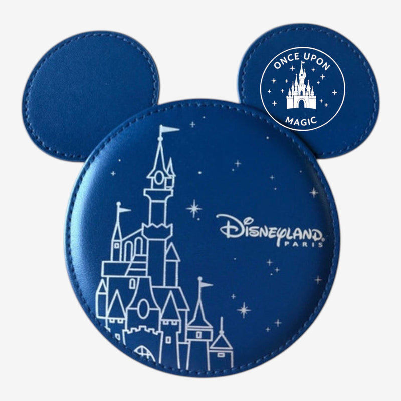 Once Upon Magic blue Mickey-shaped jewelry box featuring a white Disneyland Paris castle illustration and star accents.