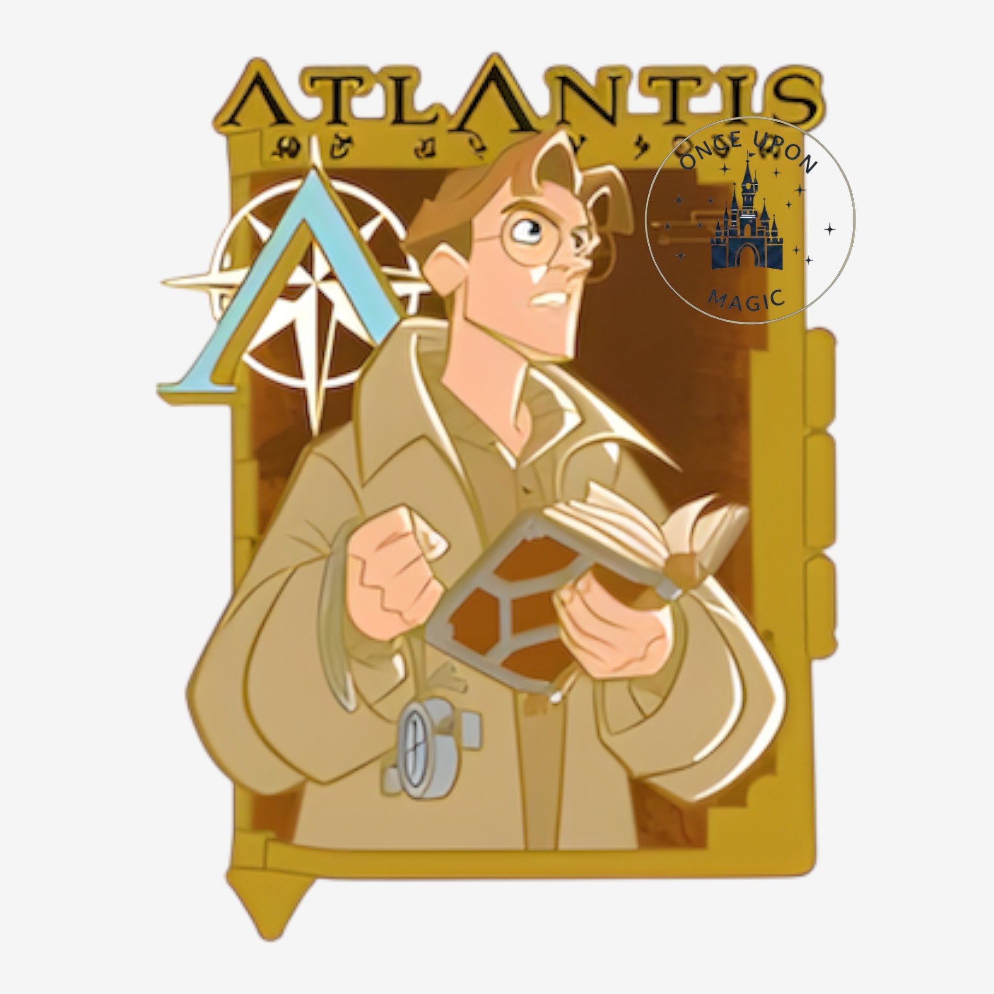 Once Upon Magic Disneyland Paris Atlantis Milo Open Edition pin. Milo is wearing glasses and a tan jacket, holding a book.
