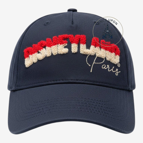 Once Upon Magic navy blue cotton baseball cap with textured red and beige Disneyland bouclette logo and Paris script