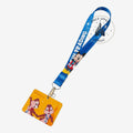 Once Upon Magic blue polyester lanyard with Mickey Mouse and Chip 'n' Dale, featuring "PIN TRADING" text and a detachable badge holder.