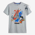 Once Upon Magic grey heather cotton t-shirt with pixel art Mickey & Donald in front of the Eiffel Tower, Disneyland Paris graphic.