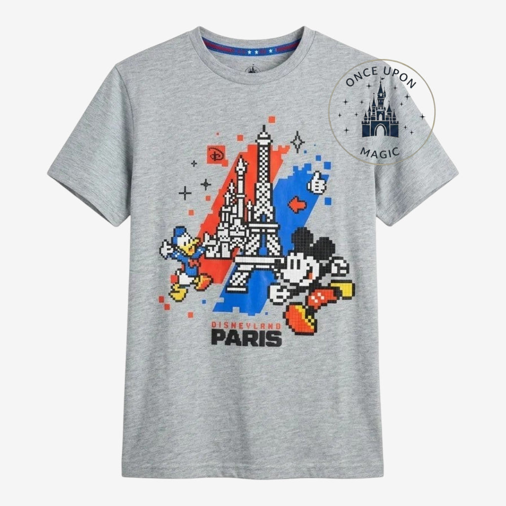 Once Upon Magic grey heather cotton t-shirt with pixel art Mickey & Donald in front of the Eiffel Tower and Disneyland Paris.