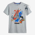 Once Upon Magic grey cotton t-shirt with pixel art Mickey & Donald in front of Eiffel Tower, Disneyland Paris text.