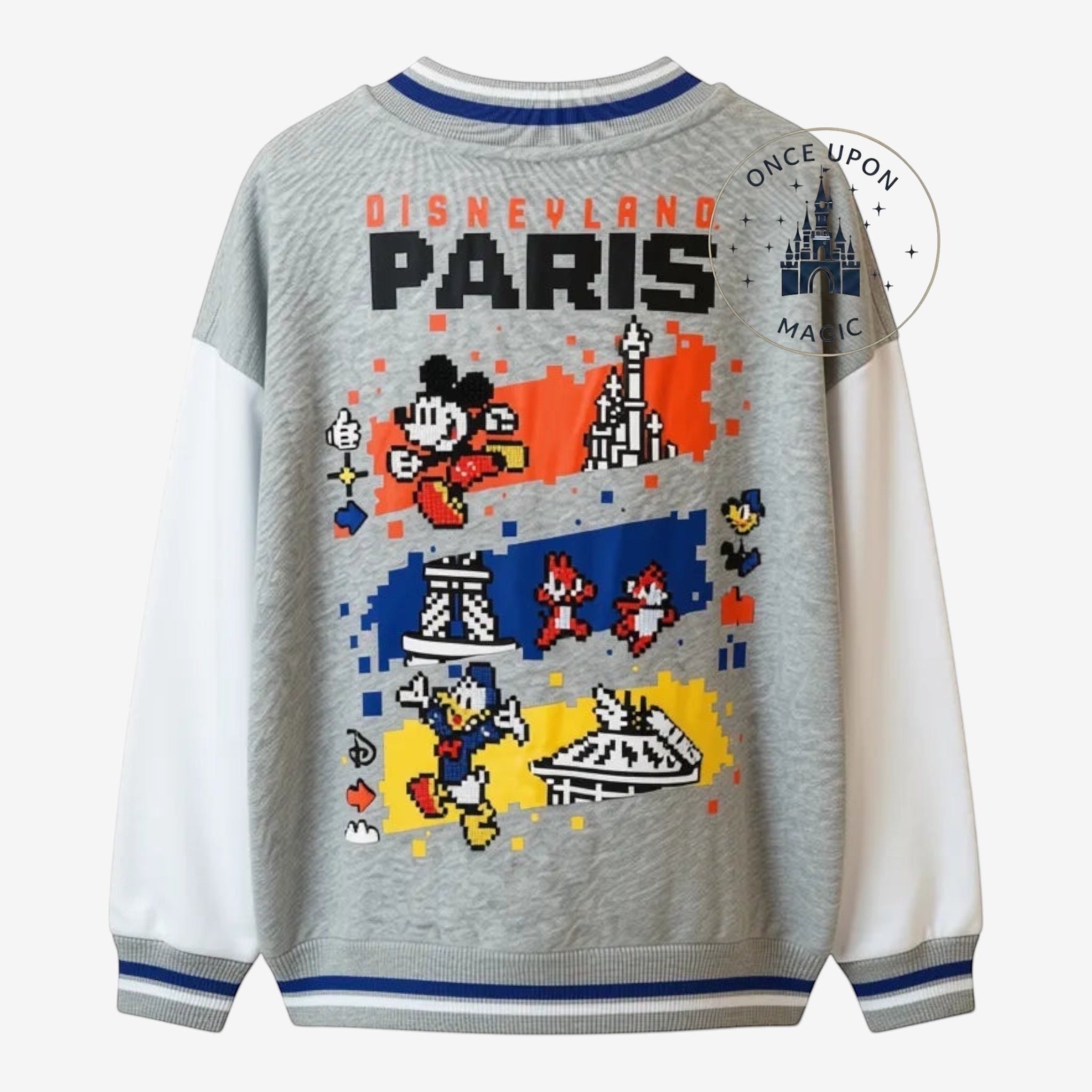 Once Upon Magic grey teddy jacket with Disneyland Paris pixel art featuring Mickey Mouse, Donald Duck, Chip 'n Dale, and park icons.