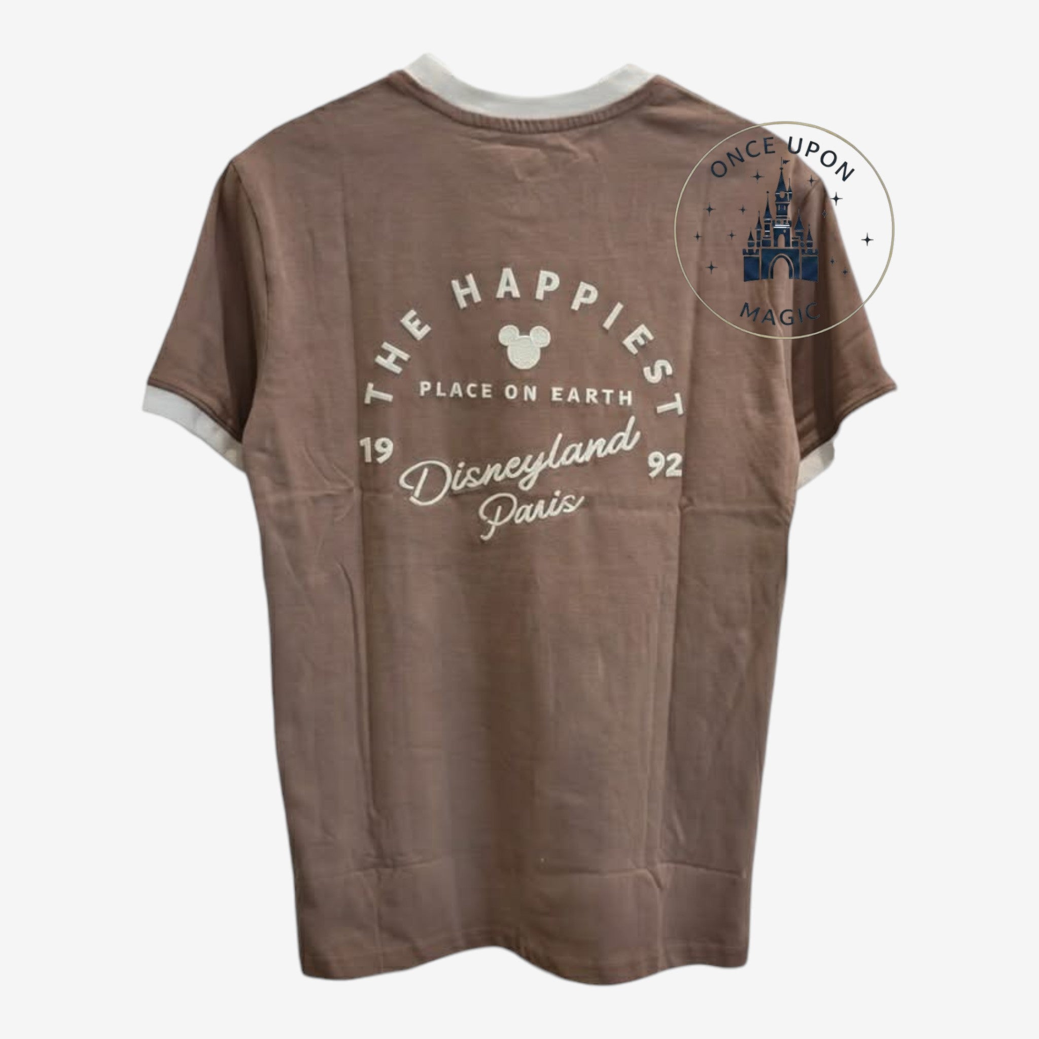 Once Upon Magic brown retro Disneyland Paris t-shirt with white ringer trim and 1992 Happiest Place on Earth print.