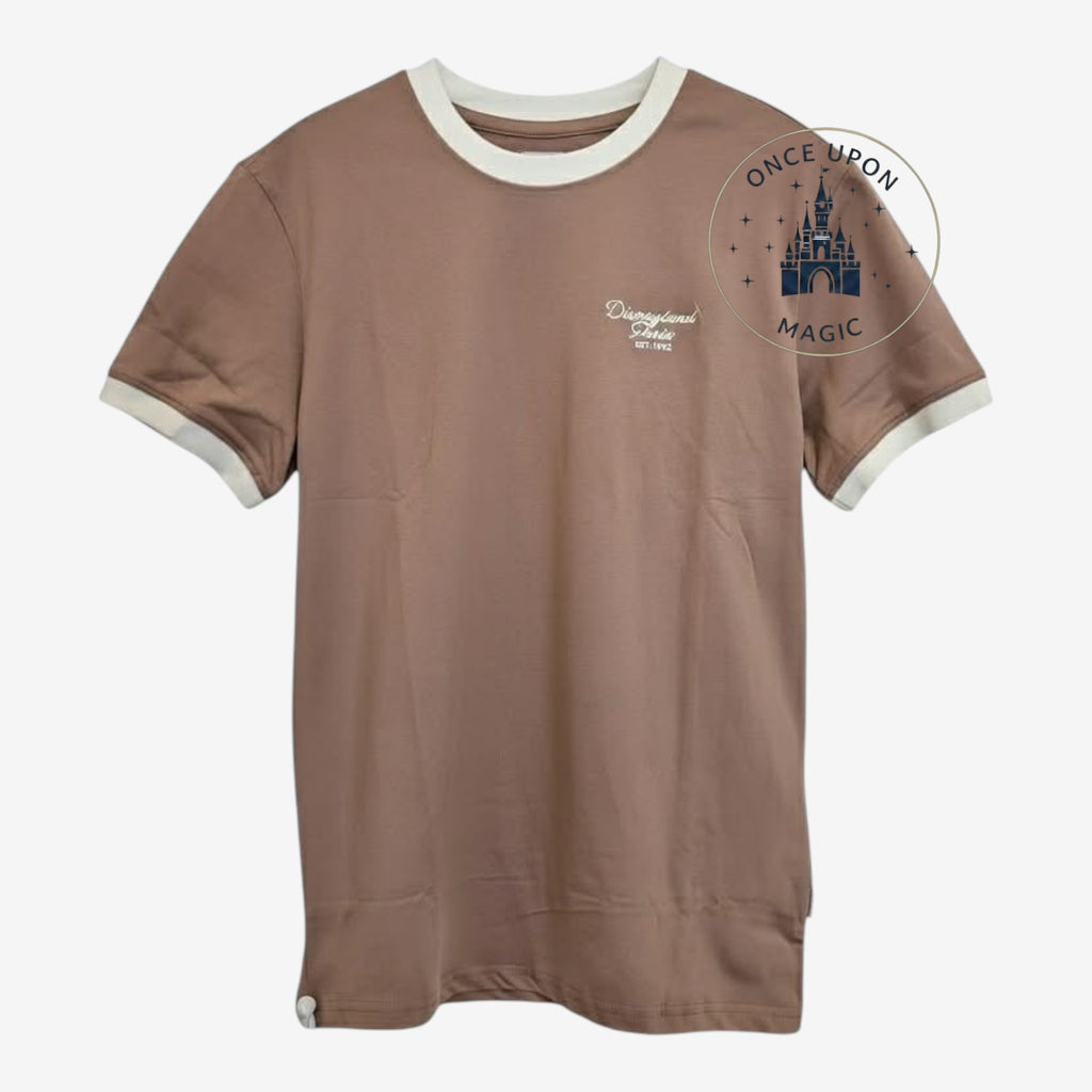Once Upon Magic brown vintage-style Disneyland Paris ringer t-shirt with cream trim and chest logo.