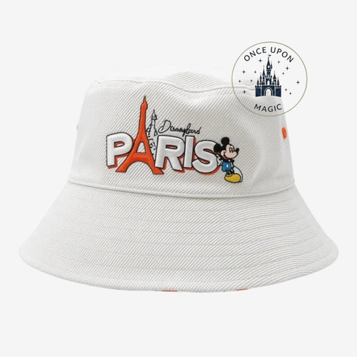 Once Upon Magic white reversible bucket hat with Disneyland Paris Eiffel Tower and Mickey Mouse graphic. Cotton.