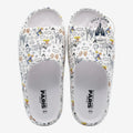 Once Upon Magic white slides with all-over pixelated Disney character and Eiffel Tower print. Slip-on design.