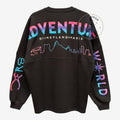 Once Upon Magic black Disneyland Paris Spirit Jersey featuring Adventure World gradient lettering and park skyline.