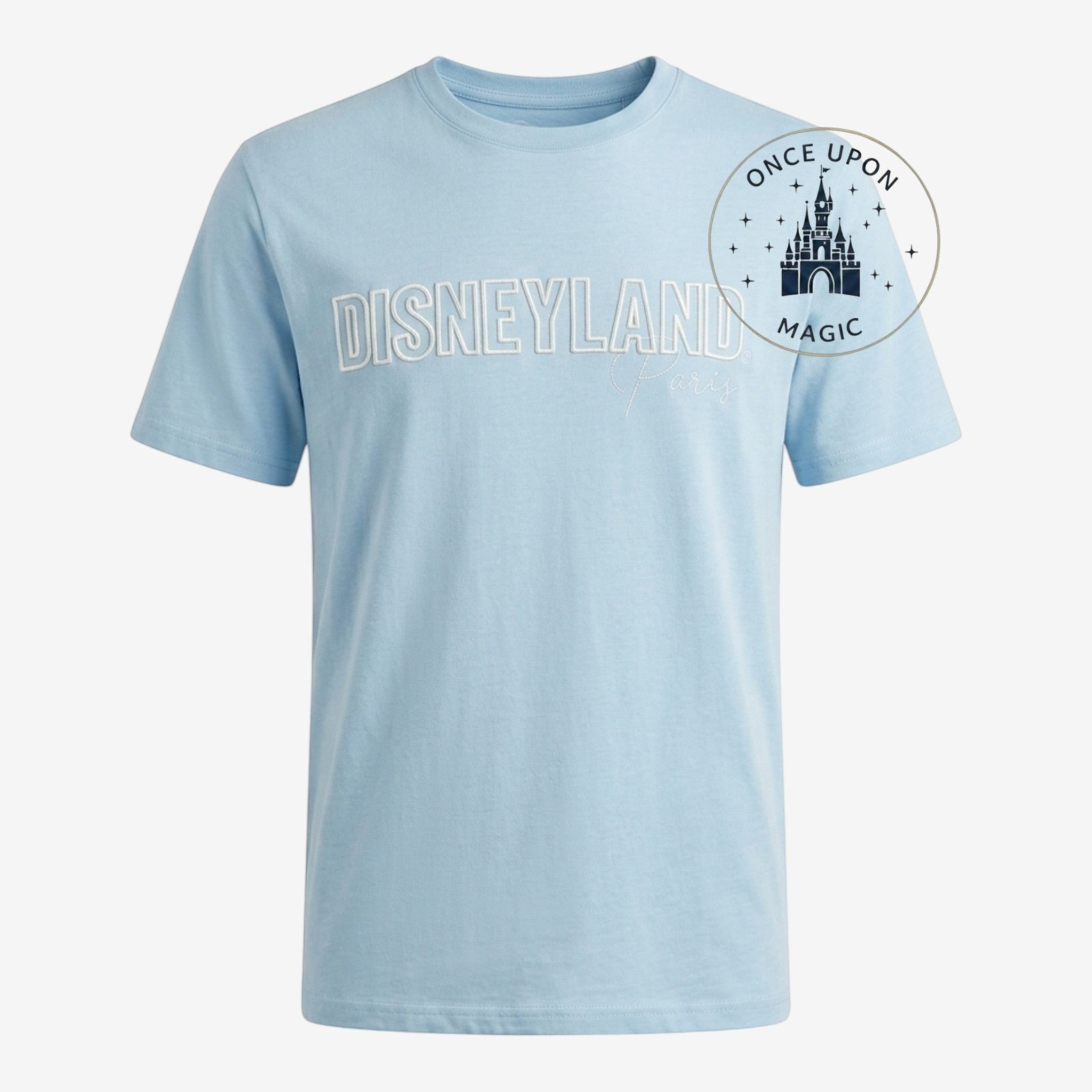 Once Upon Magic light blue cotton t-shirt with Disneyland Paris graphic text on chest