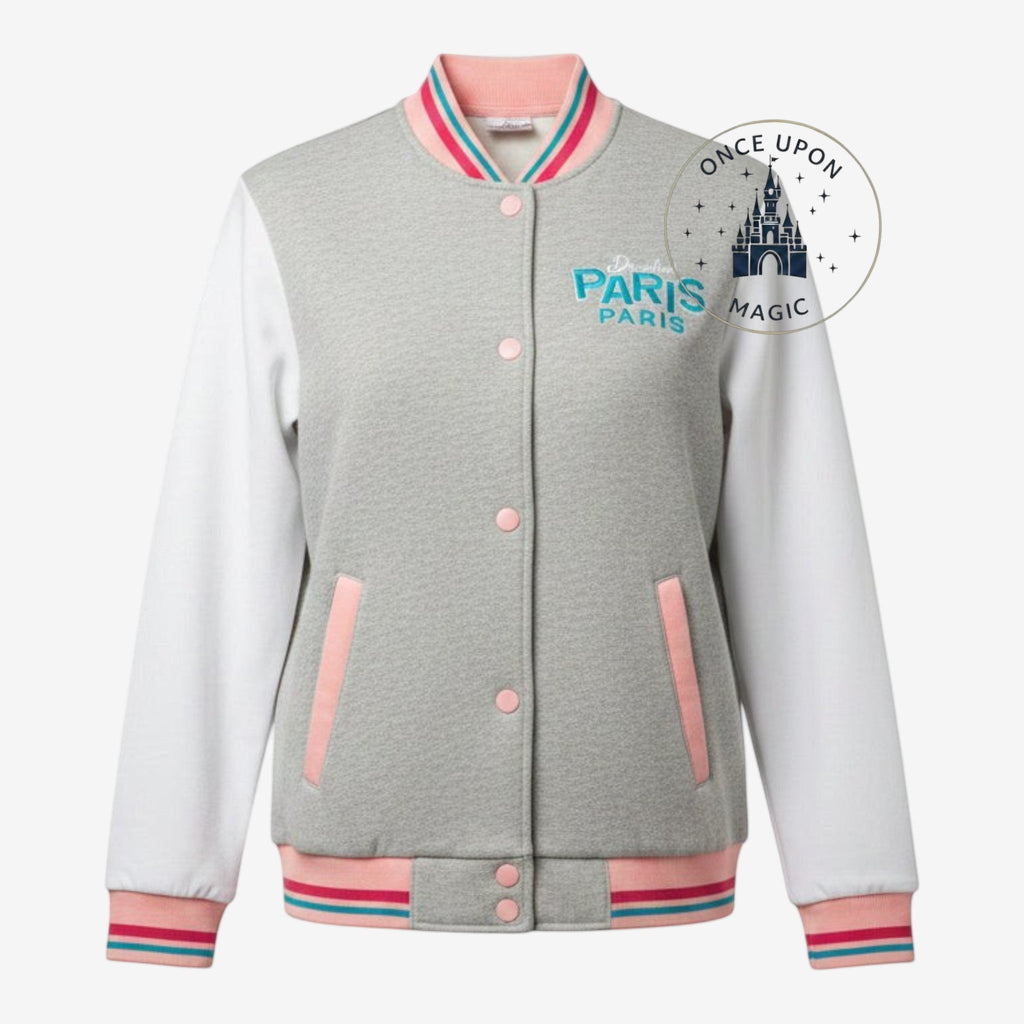 Once Upon Magic grey and white teddy jacket for kids with pink and blue trim, featuring "Disneyland Paris" embroidery.