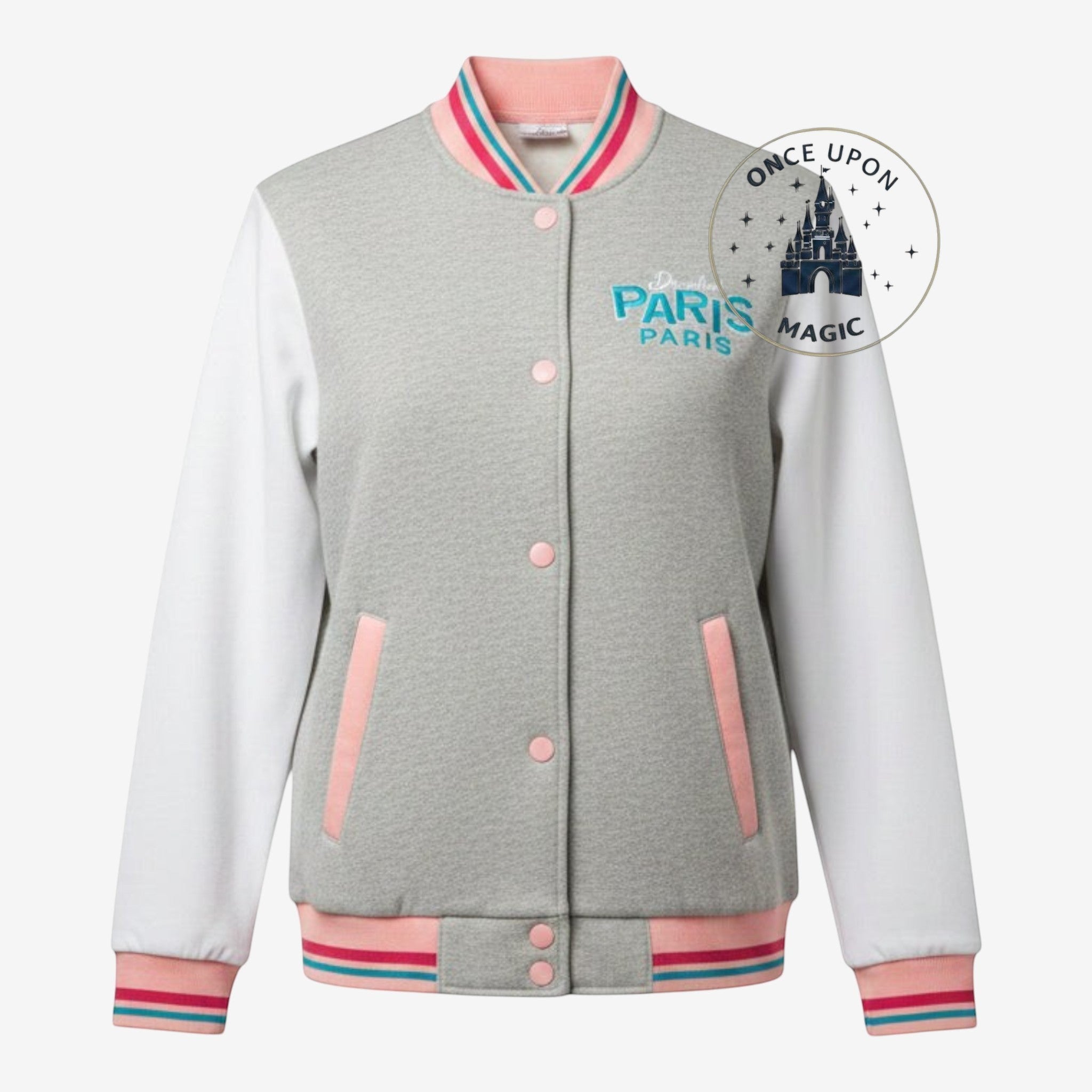 Once Upon Magic kids' grey and white teddy jacket with pink trim and Disneyland Paris embroidery.