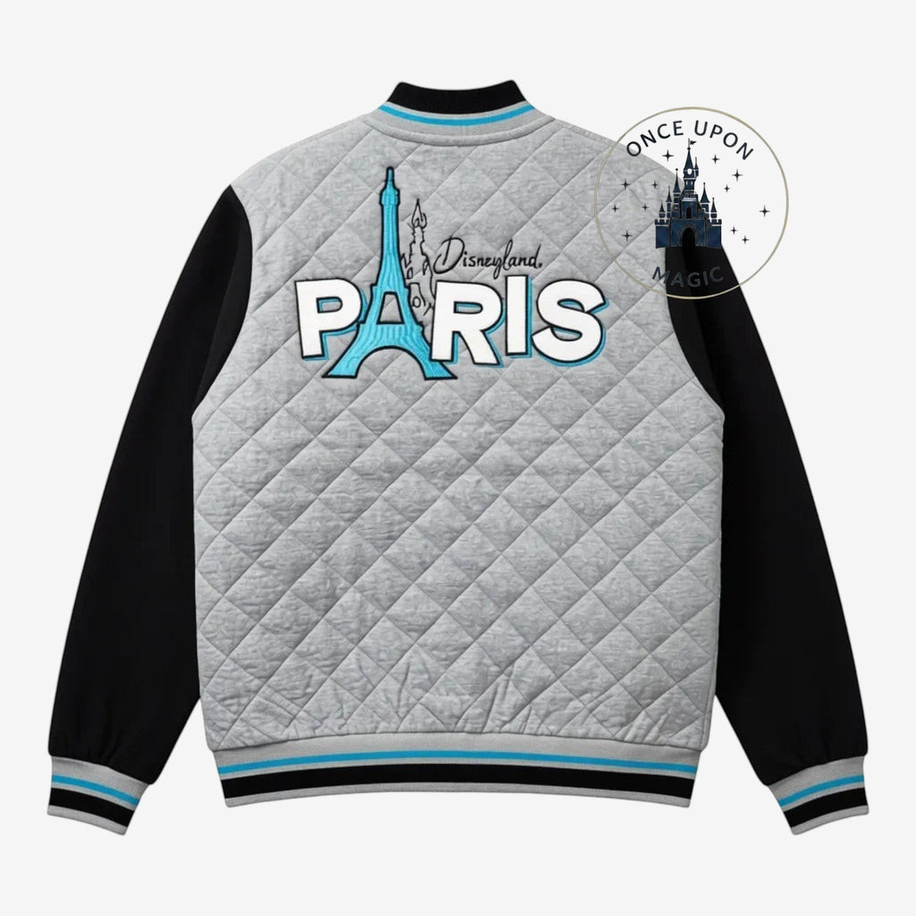 Once Upon Magic grey quilted teddy jacket with black sleeves, featuring Disneyland Paris and Eiffel Tower graphic.