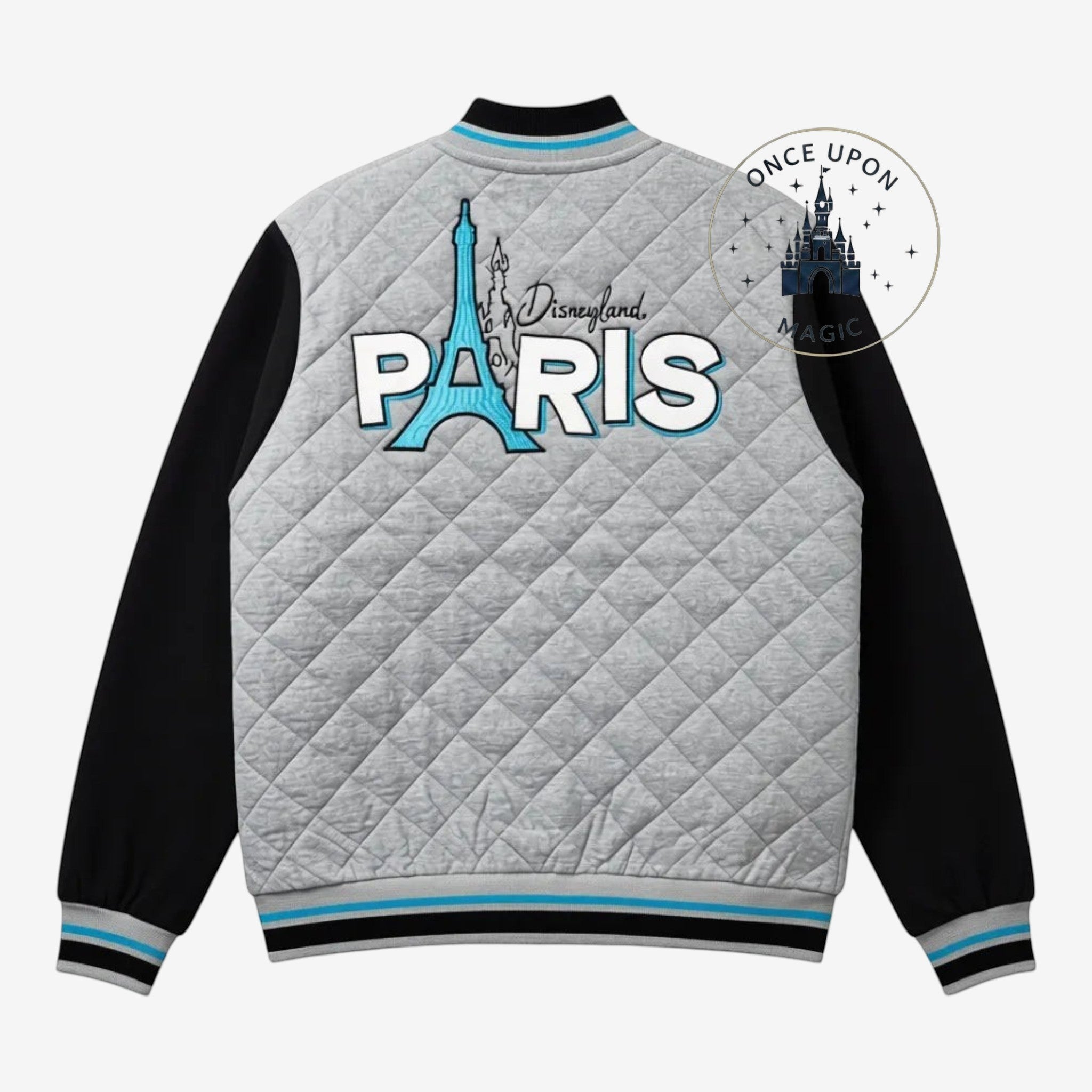 Once Upon Magic grey quilted teddy jacket with black sleeves, featuring Disneyland Paris and Eiffel Tower graphic.