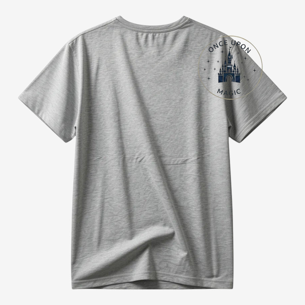 Once Upon Magic grey heather short-sleeve tee shirt with a navy blue Disneyland Paris Tour Eiffel graphic on the back.