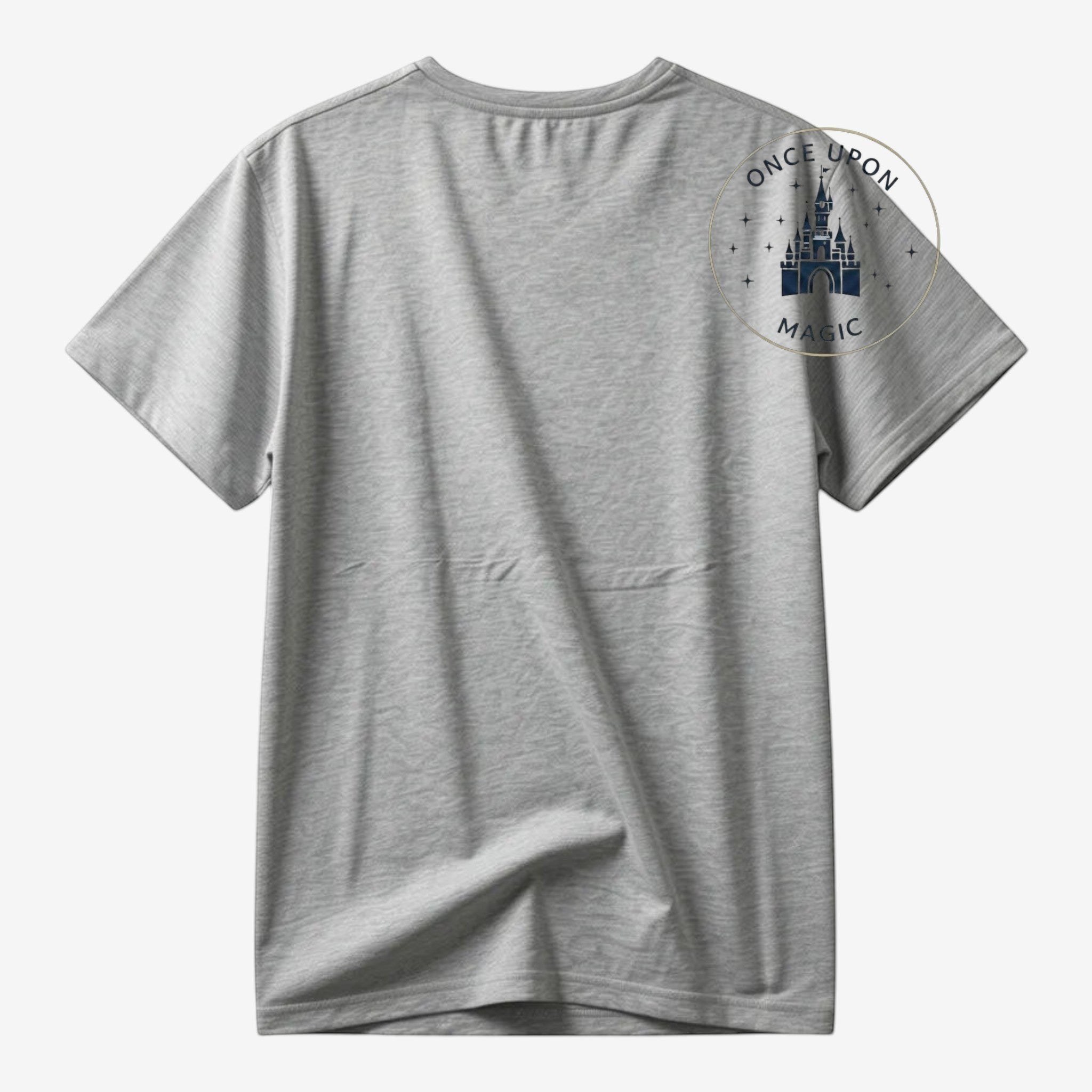 Once Upon Magic grey heather short-sleeve tee shirt with a navy blue Disneyland Paris Tour Eiffel graphic on the back.