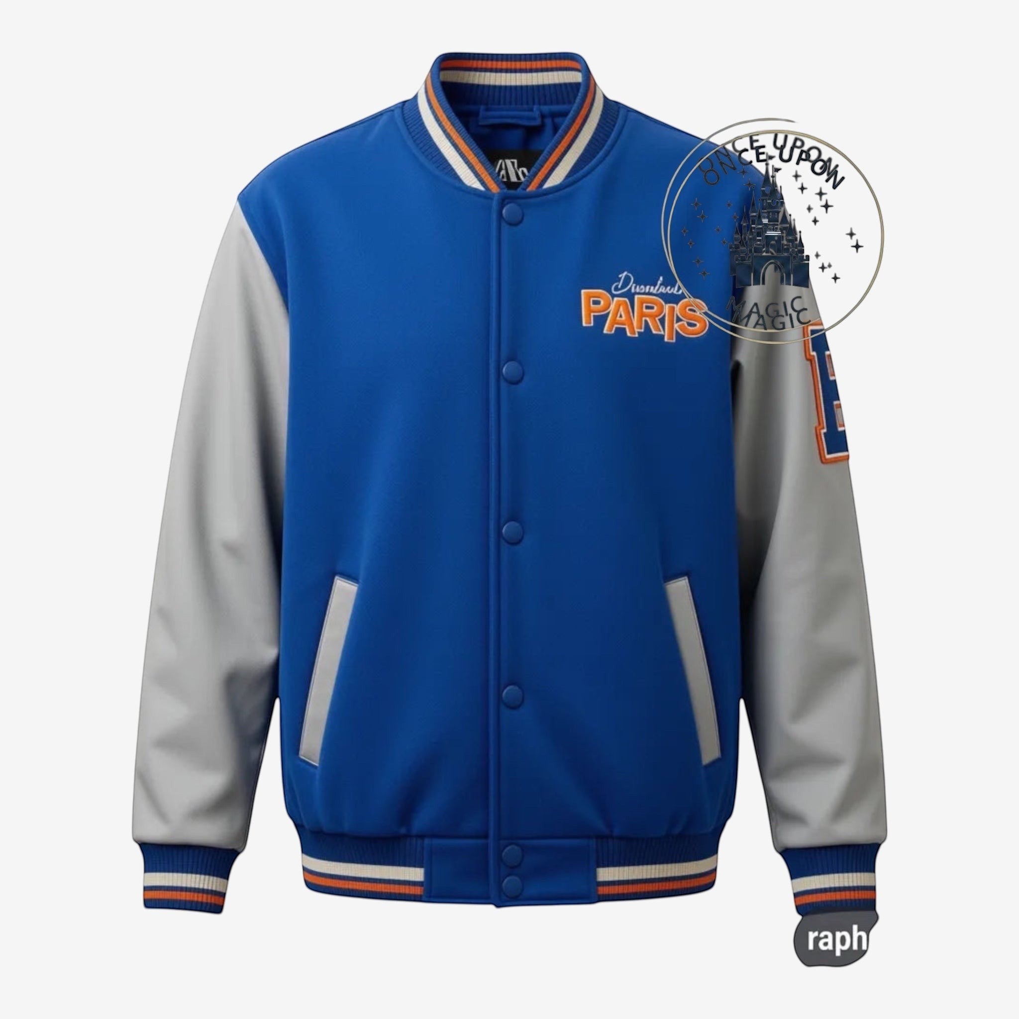 Once Upon Magic blue and grey varsity jacket with Disneyland Paris embroidery. Ribbed cuffs and collar.