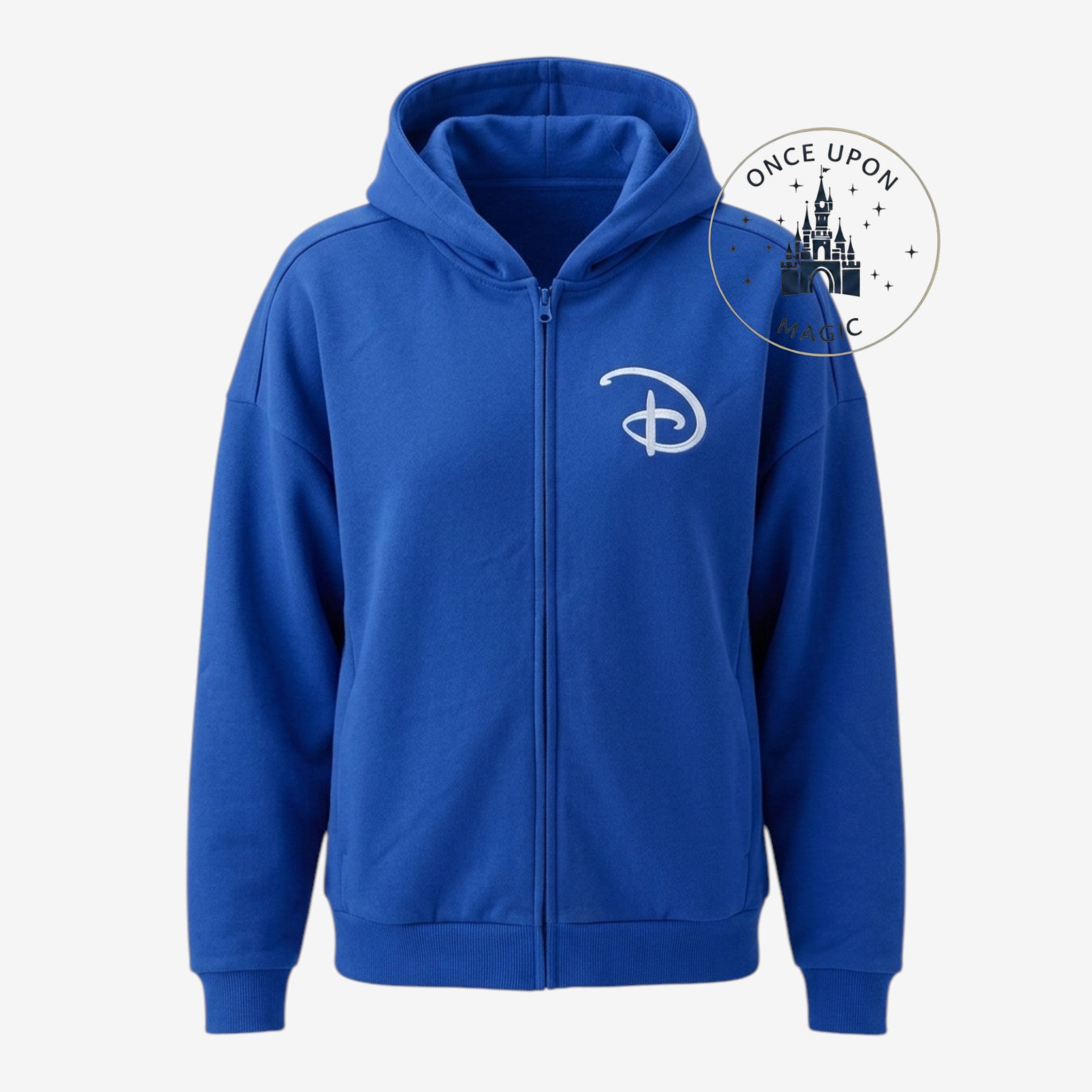 Once Upon Magic blue zip-up hoodie with white Disney logo on chest and castle graphic on back.
