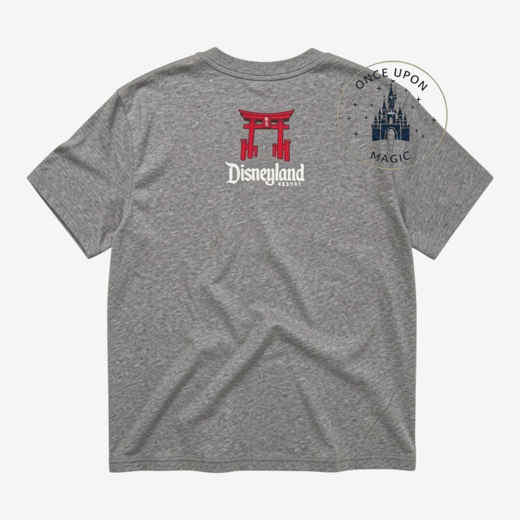 Once Upon Magic heathered gray Disneyland Resort t-shirt with a red torii gate graphic on the back.