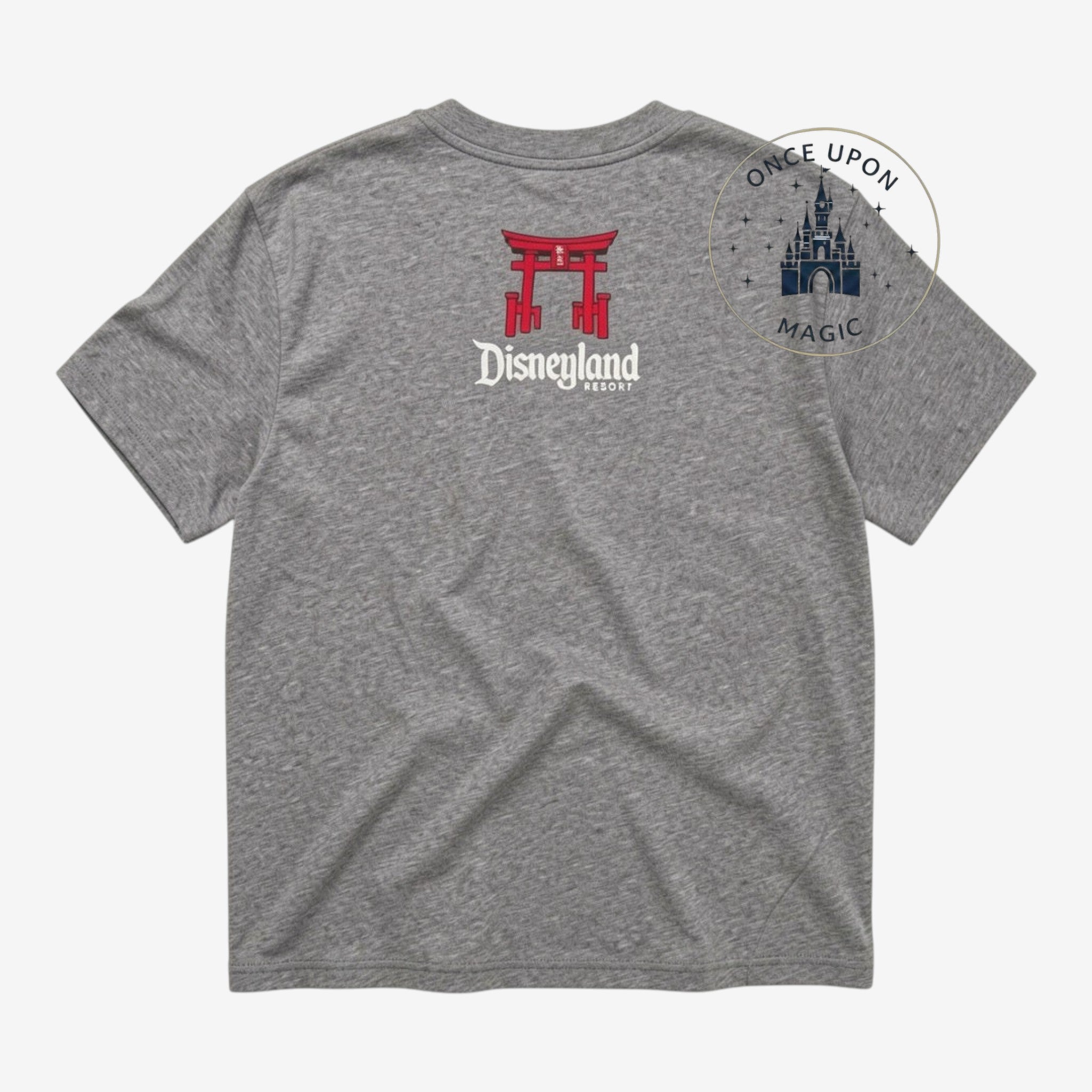 Once Upon Magic heathered gray Disneyland Resort t-shirt with a red torii gate graphic on the back.