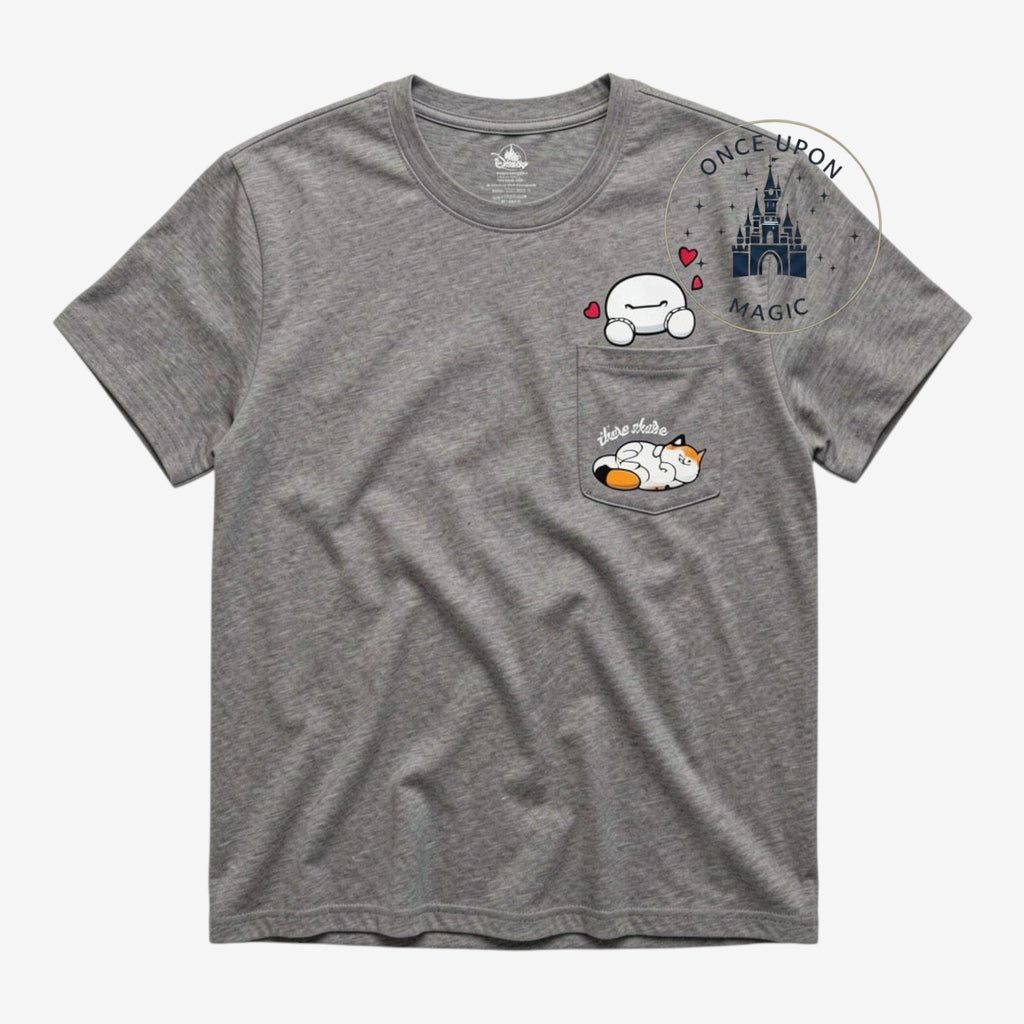 Once Upon Magic heathered gray Disneyland Resort crew neck t-shirt with a pocket featuring Baymax and a sleeping cat.