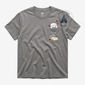 Once Upon Magic heathered gray Disneyland Resort crew neck t-shirt with a pocket featuring Baymax and a sleeping cat.