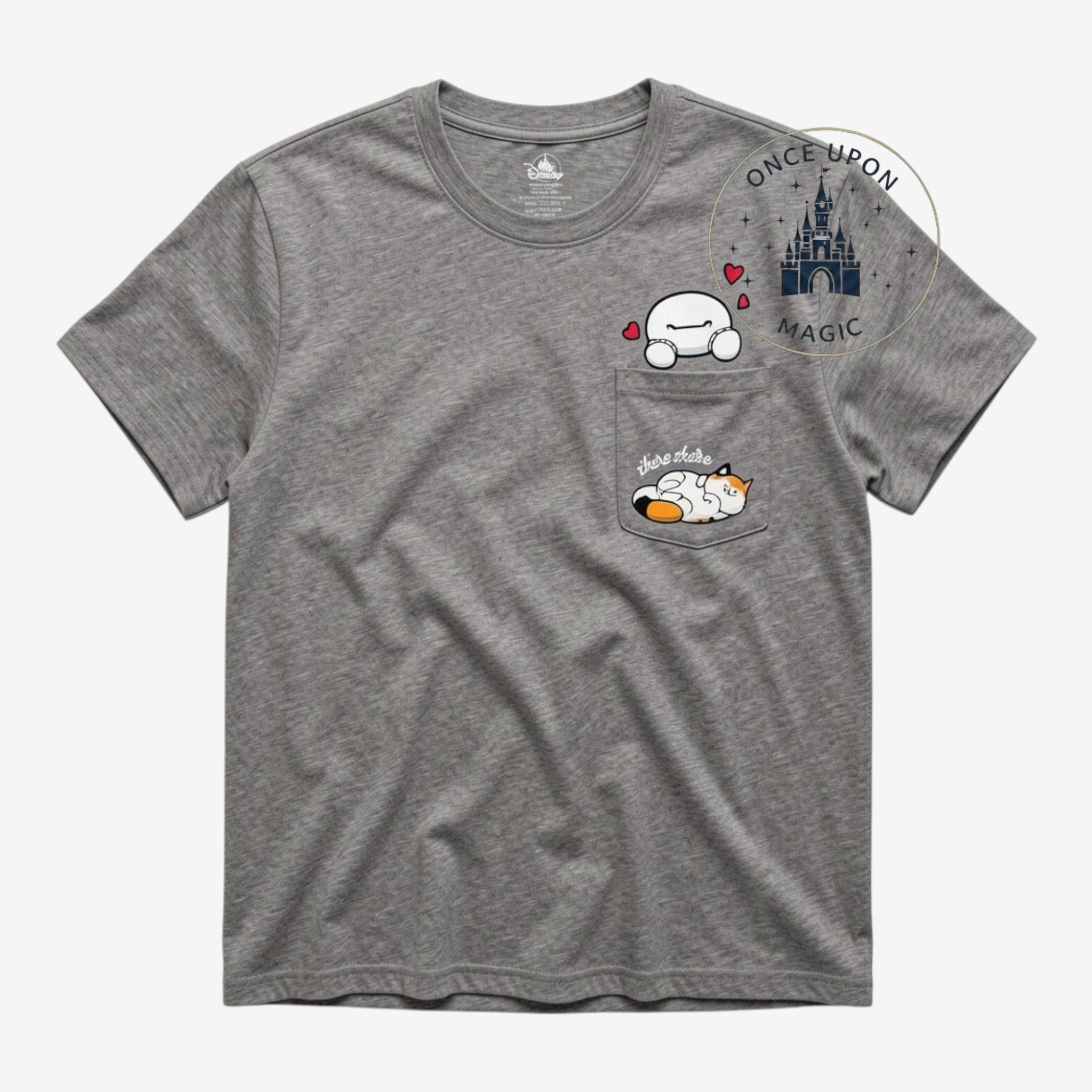Once Upon Magic heathered gray Disneyland Resort crew neck t-shirt with a pocket featuring Baymax and a sleeping cat.