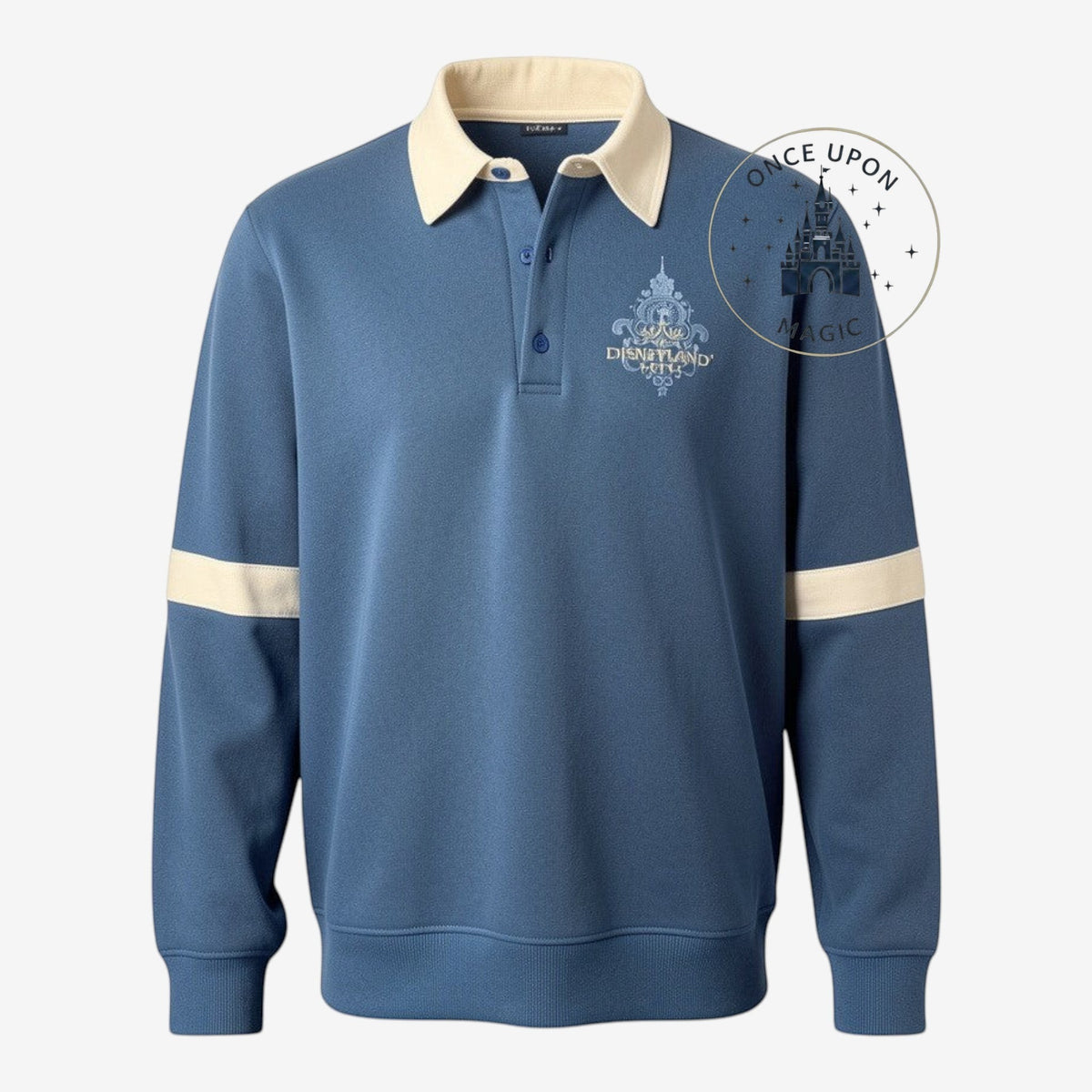 Sweat rugby Disneyland Hotel bleu et crème avec écusson brodé – Disneyland Paris