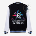 Once Upon Magic Disneyland Paris varsity jacket with black body, white sleeves, and Extraordinary Worlds back embroidery