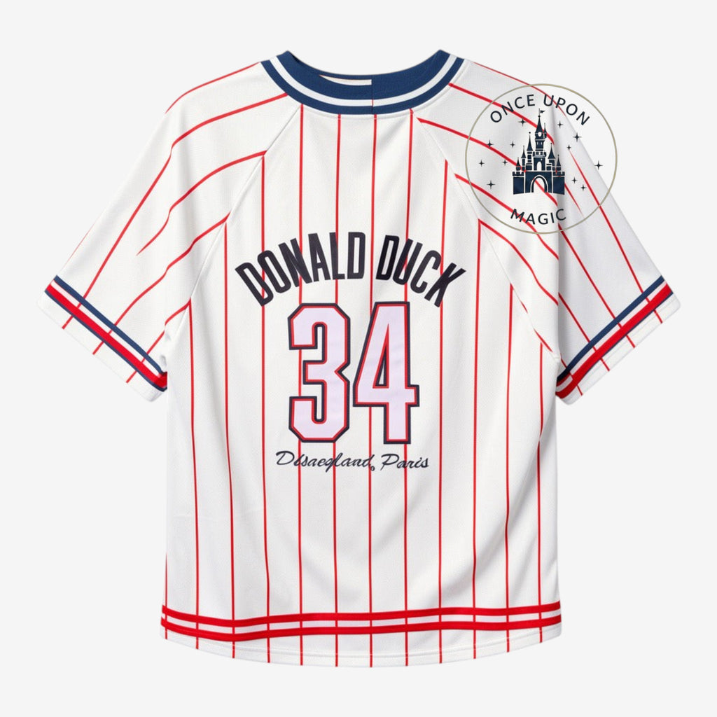 Once Upon Magic Donald Duck baseball t-shirt with red pinstripes, number 34, and Disneyland Paris branding.
