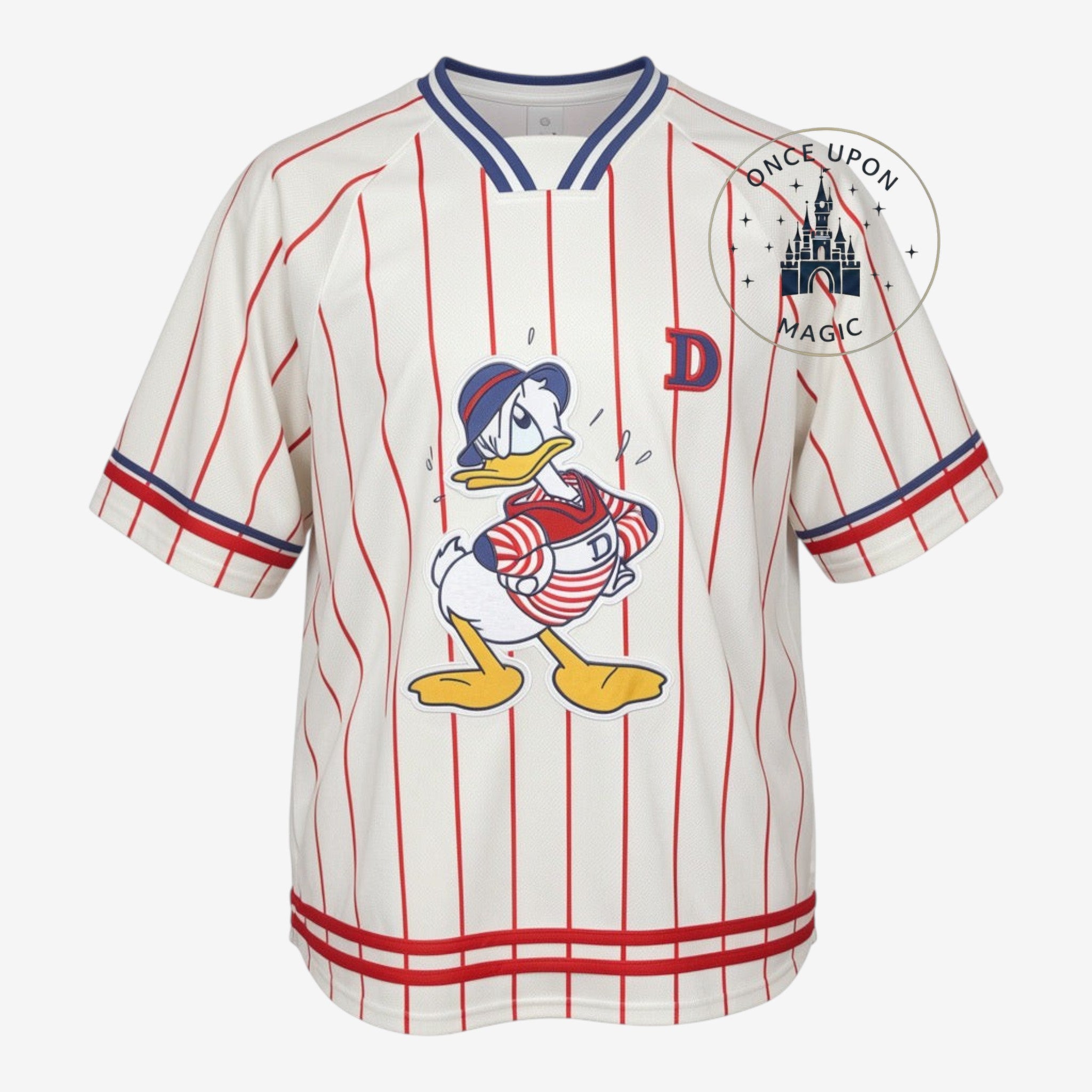Once Upon Magic Disneyland Paris Donald Duck baseball t-shirt with red pinstripes and blue trim