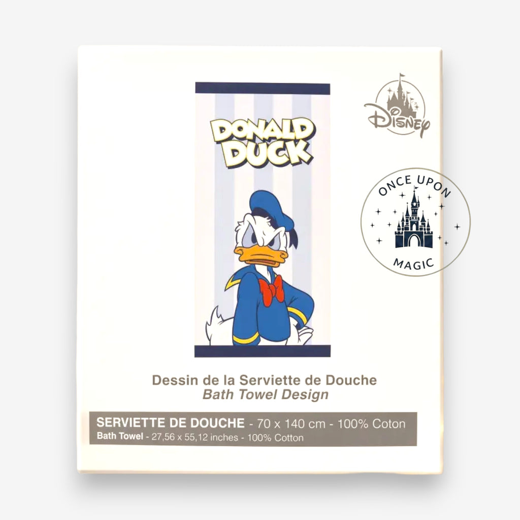 Once Upon Magic Donald Duck 100% cotton bath towel featuring blue, white, yellow, and red design, 70x140cm.
