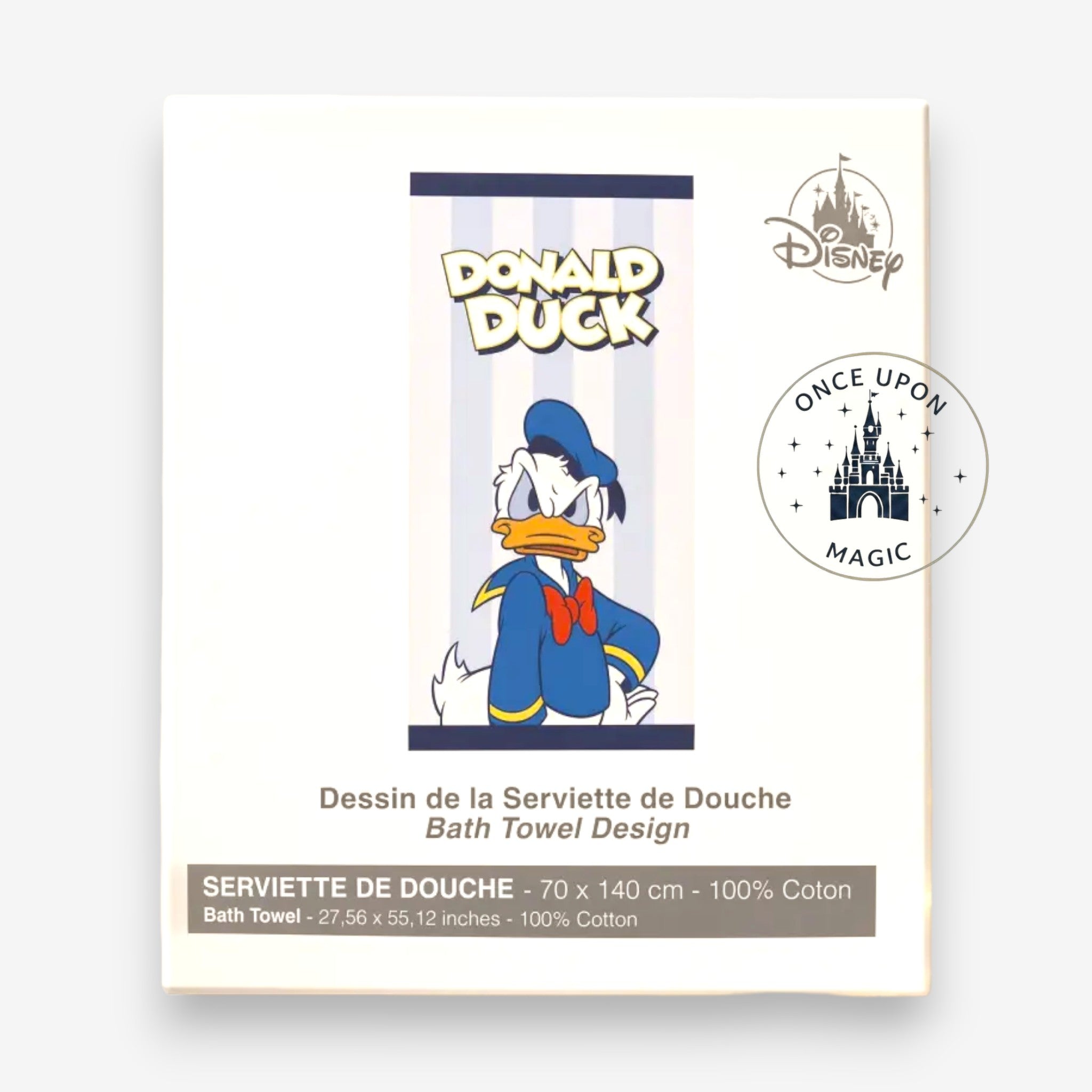Once Upon Magic Donald Duck 100% cotton bath towel featuring blue, white, yellow, and red design, 70x140cm.