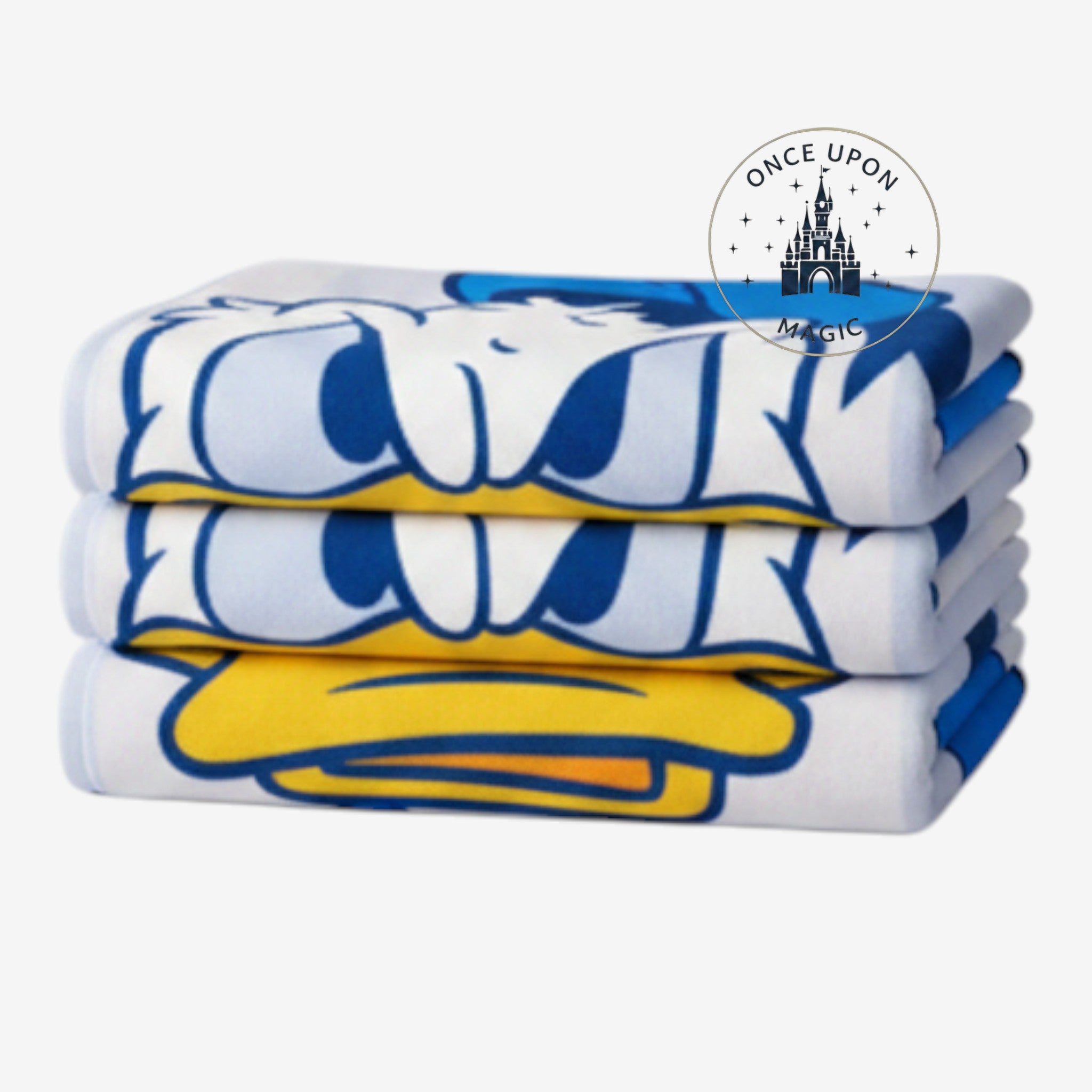 Once Upon Magic Donald Duck cotton bath towel featuring iconic blue, white, yellow, and red character design.