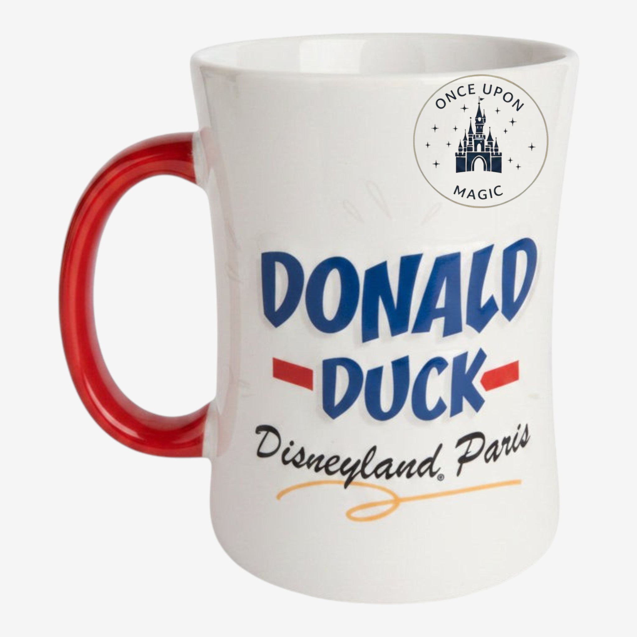 Once Upon Magic Donald Duck ceramic mug with a red handle and Disneyland Paris branding on a white background