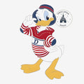 Once Upon Magic Donald Duck pin from the Disneyland Paris July 2026 collection wearing a striped shirt and bucket hat